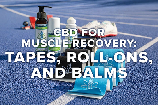 Athlete wearing blue CannaTape Sport tape during a strength-training recovery routine