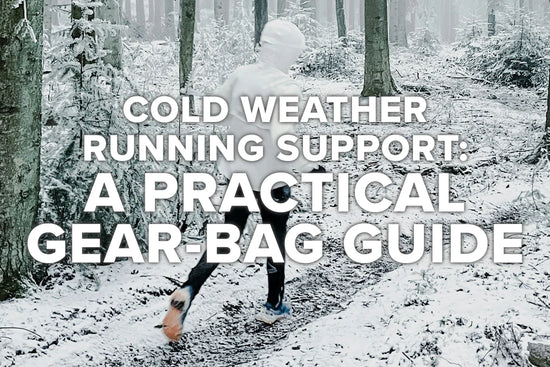 Runner packing layers and recovery supplies into a gear bag for a cold morning run