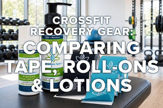 Athlete organizing tape and topical recovery gear after a gym session