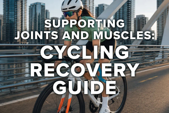 Female cyclist riding outdoors with CBD kinesiology tape applied for leg and joint support during recovery