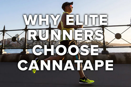 Runner wearing blue CBD kinesiology tape on calf and knee with outdoor running trail in background