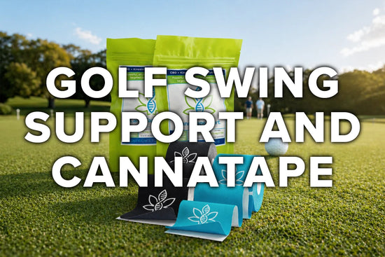 Golfer with CBD kinesiology tape applied to elbow and wrist while gripping a golf club on the course