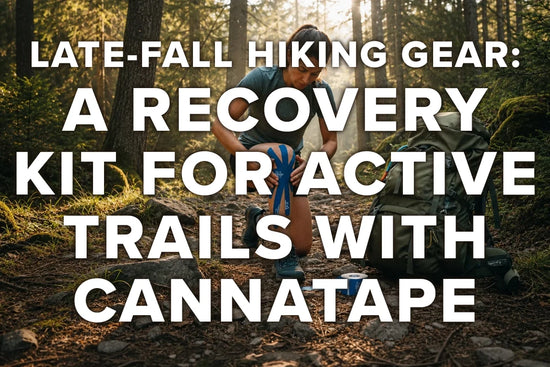 Late-fall hiker preparing a compact recovery kit beside a wooded trail