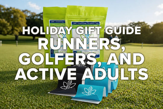 Wrapped fitness accessories and recovery gifts arranged beside running shoes and golf gear