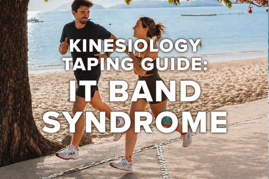 Athlete applying kinesiology tape to the outer thigh for IT band support during recovery routine