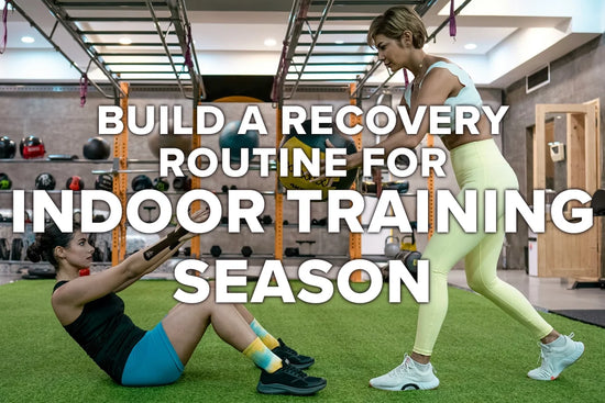 Athlete organizing a mat and recovery gear beside indoor training equipment