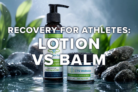 CannaTape Sport Recovery Lotion 1000 pump bottle and CTS Wellness Skin Recovery Balm jar, ready for an athlete's post-workout recovery routine