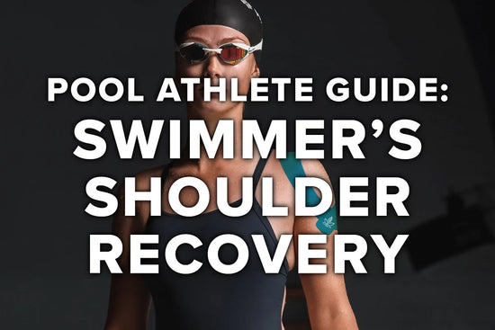 Swimmer applying CannaTape Sport waterproof CBD kinesiology tape to the shoulder before pool training