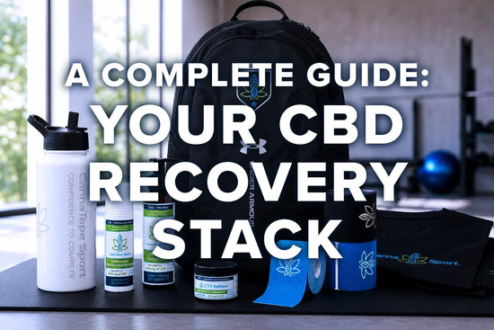 CannaTape Sport CBD recovery products including kinesiology tape, roll-on, and lotion laid out on a gym floor