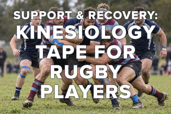 Rugby player applying kinesiology tape to the shoulder before training