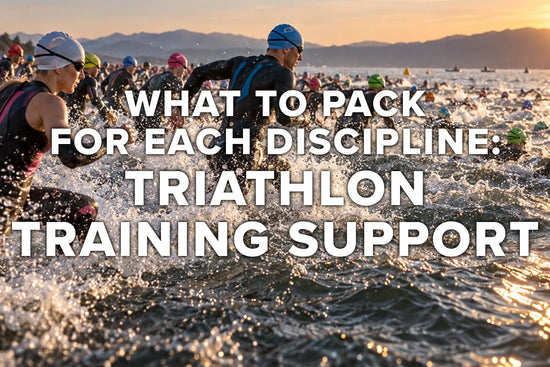Triathlete organizing swim, bike, and run gear into a training bag