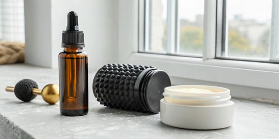 CBD oil, topical cream, and a massage roller to help with muscle recovery.