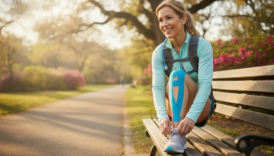 Active adult over 50 preparing to walk with kinesiology tape