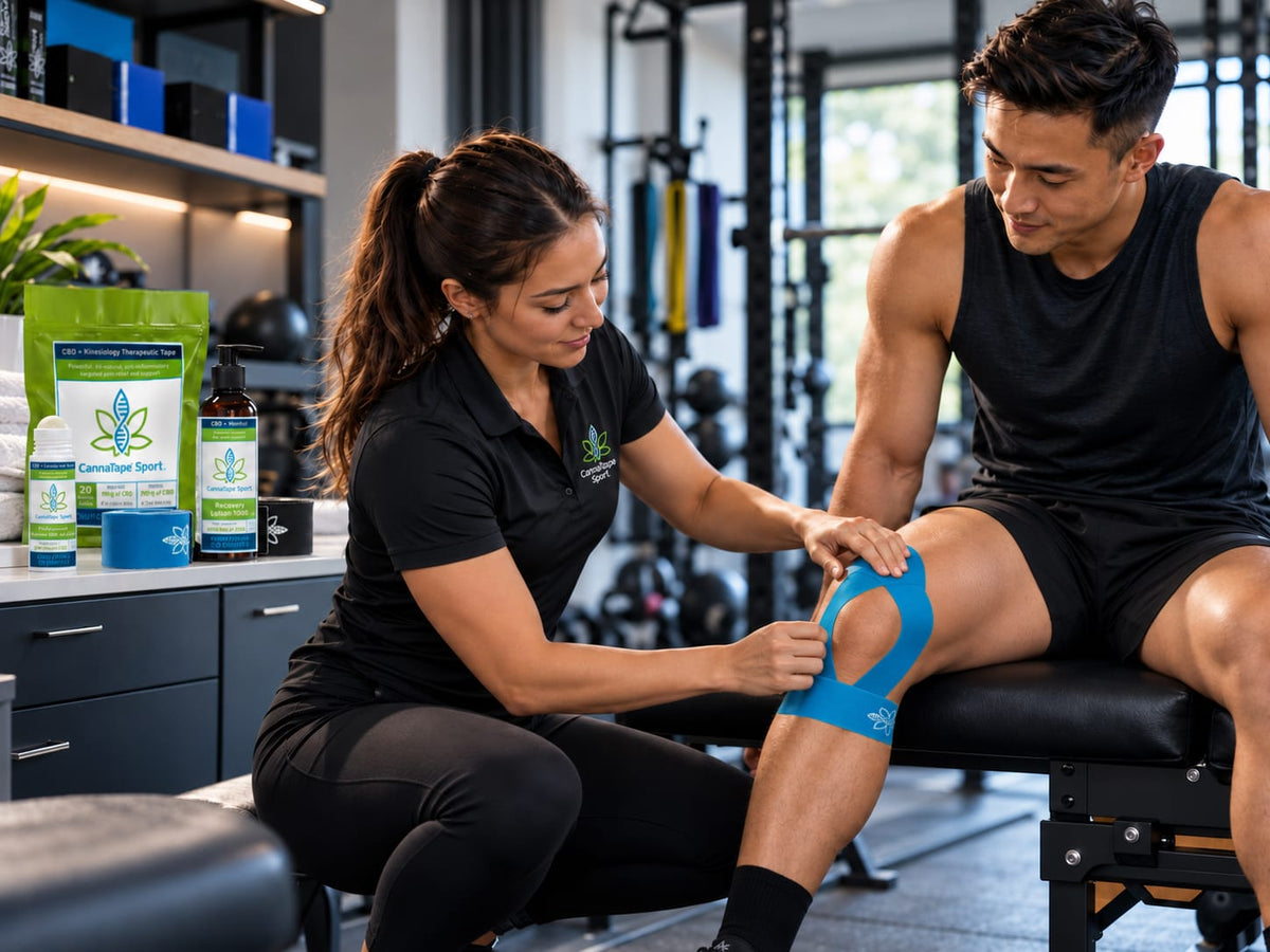 CannaTape Sport professional applying Cobalt kinesiology tape to an athlete’s knee in a sports training room